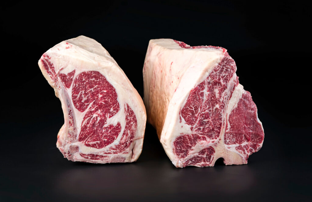 Raw dry aged wagyu porterhouse and cote de boeuf beef block as closeup on black background with copy space